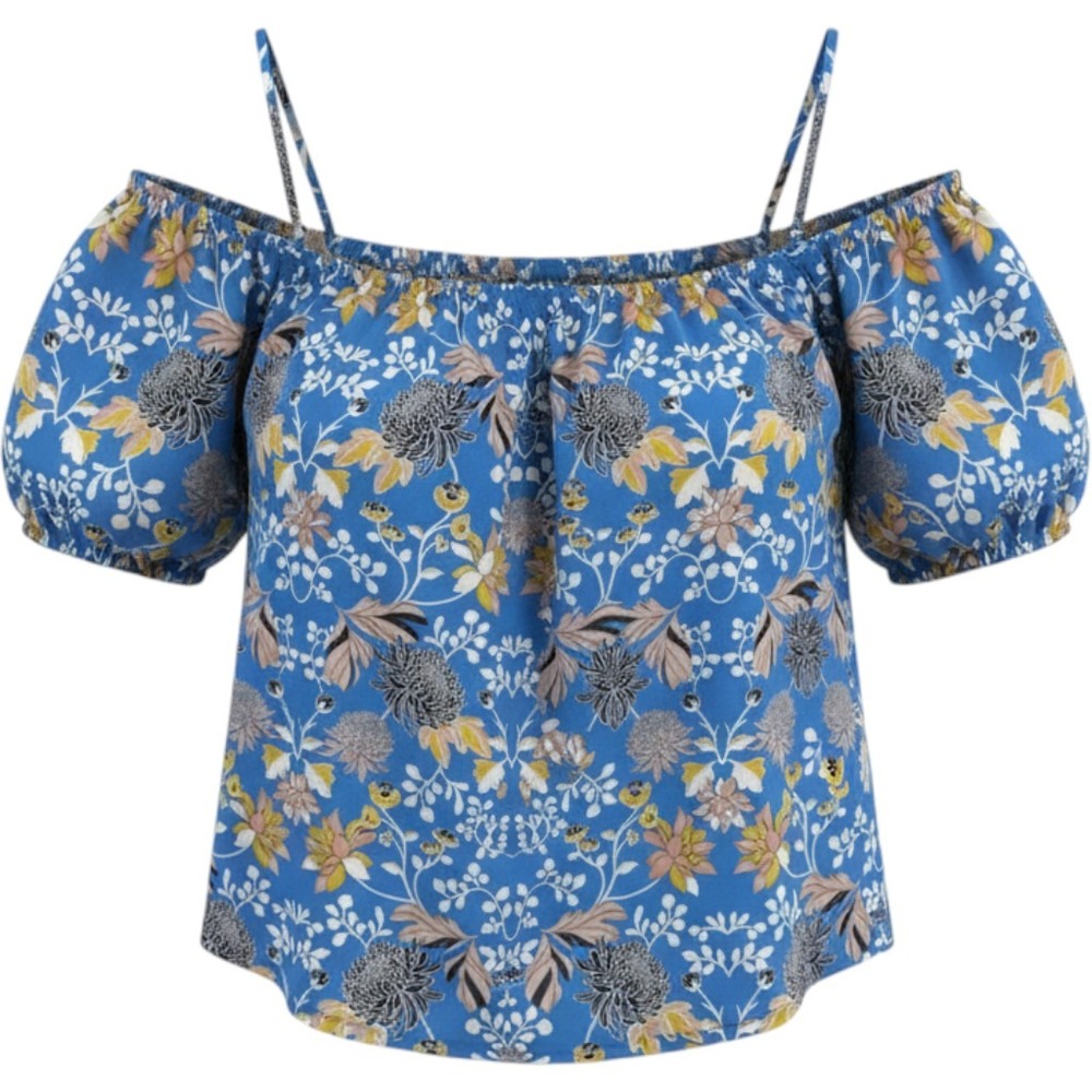 Finn & Grace Blue Floral Off The Shoulder Tie Sleeve Blouse Top NWT Med Boho Y2K